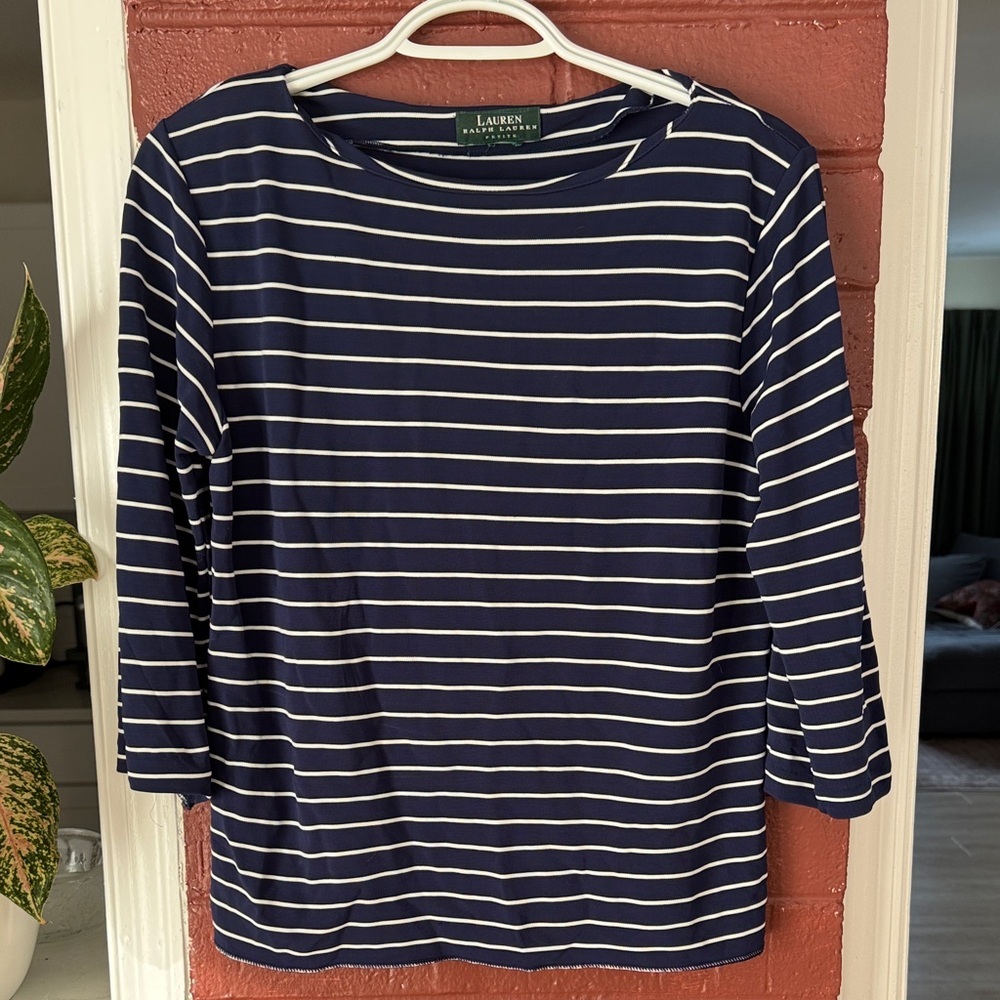 Ralph Lauren Navy and White 3/4 Sleeve Boatneck Top